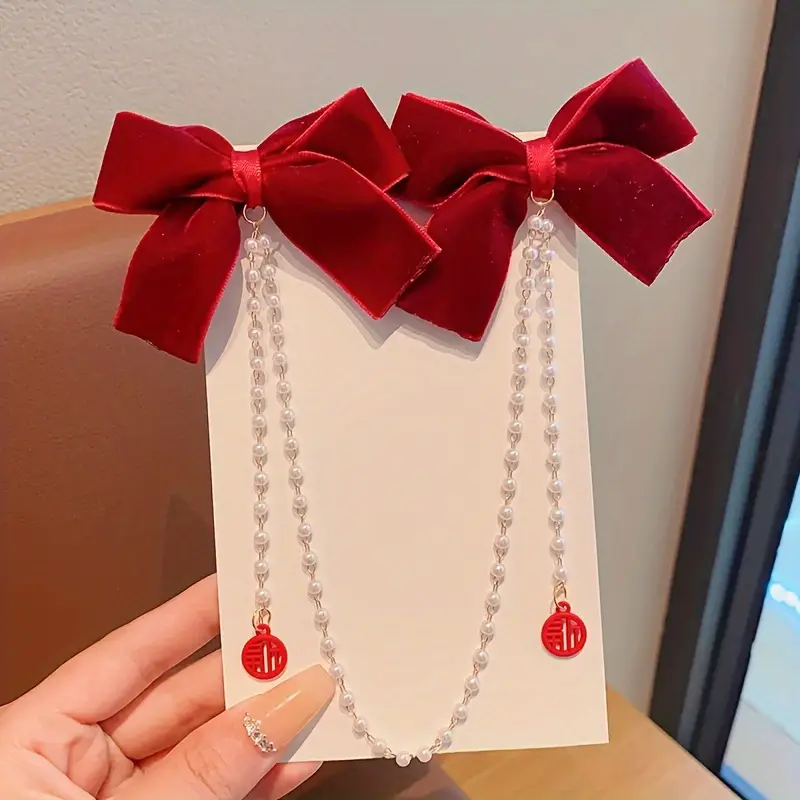 elegant velvet bow hair clips pearl strands perfect - Temu elegant velvet bow hair clips pearl strands perfect - Temu